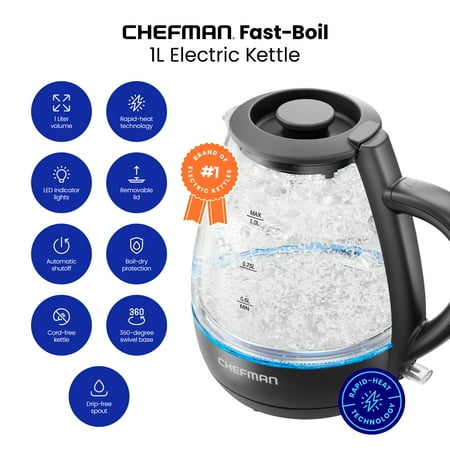 Chefman 1L Electric Glass Kettle w/ LED Indicator Light, Automatic Shutoff - Black, New