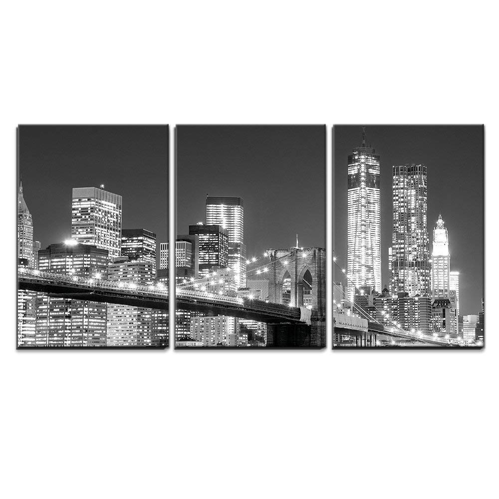 Wall26 3 Piece Canvas Wall Art Grayscale Photograph of the Brooklyn