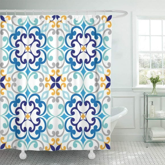 SUTTOM Blue Mediterranean on Italian Tiles Majolica Pattern Abstract Antique Azulejo Shower Curtain 66x72 inch