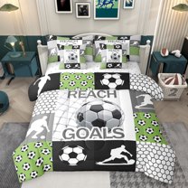 Homewish Kids Football Sports 7 Pieces Bedding Comforter Set,Soccer Ball Game Full Bedding Set,Patchwork Geometric Plaid Fitted Sheet Flat Sheet For Boys Teens,Ultra Soft Home Decor Reversible