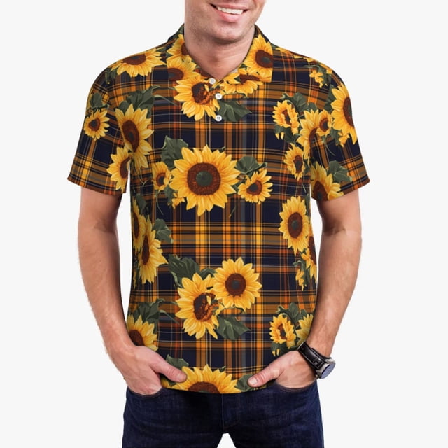 Fotbe Brown Blue Plaid Sunflower Camiseta Polo de Golf para Hombre con Estampado – Camisa Deportiva Transpirable con Cuello Abotonado-X-Large