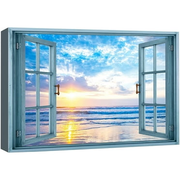 wall26 Canvas Print Wall Art Window View Pastel Sunset Blue Ocean Beach Horizon Wilderness Nature Photography Realism Scenic Landscape Colorful Multicolor for Living Room, Bedroom, Office - 32"x