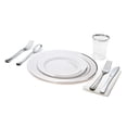 thumbnail image 1 of " OCCASIONS " 320 pcs/40 Guest-Full Tableware Set-Wedding Disposable Plastic Plates Silverware, Silver Rimmed Tumblers and White Paper Napkins (Combo B, White & Silver Rim), 1 of 4