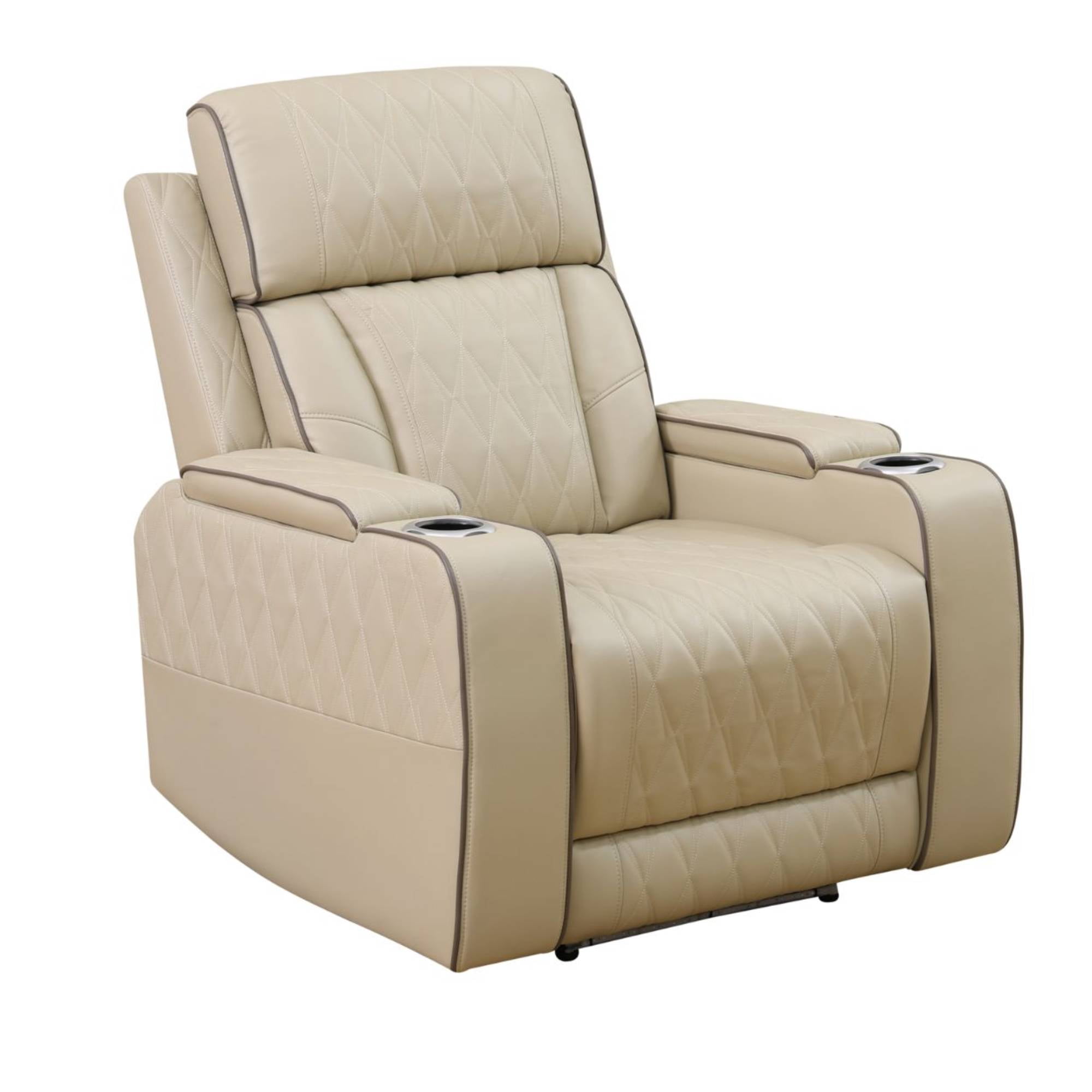 Leather Power Recliner Sofa Chair, Reclining Sofa Couch with LED, Recline Couch with USB Port&Cup Holder, Khaki