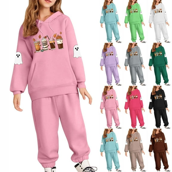 MKOSPLRT Kids Sweatsuits 2 Piece Halloween Outfits 5-14Y Warm Fall Hoodies Cinch Bottom Jogger Sweatpants Funny Graphic Tracksuits