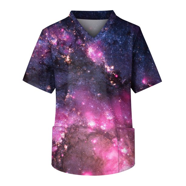 Men's Short Sleeve V Neck Star Print Chest Pocket Work Top L