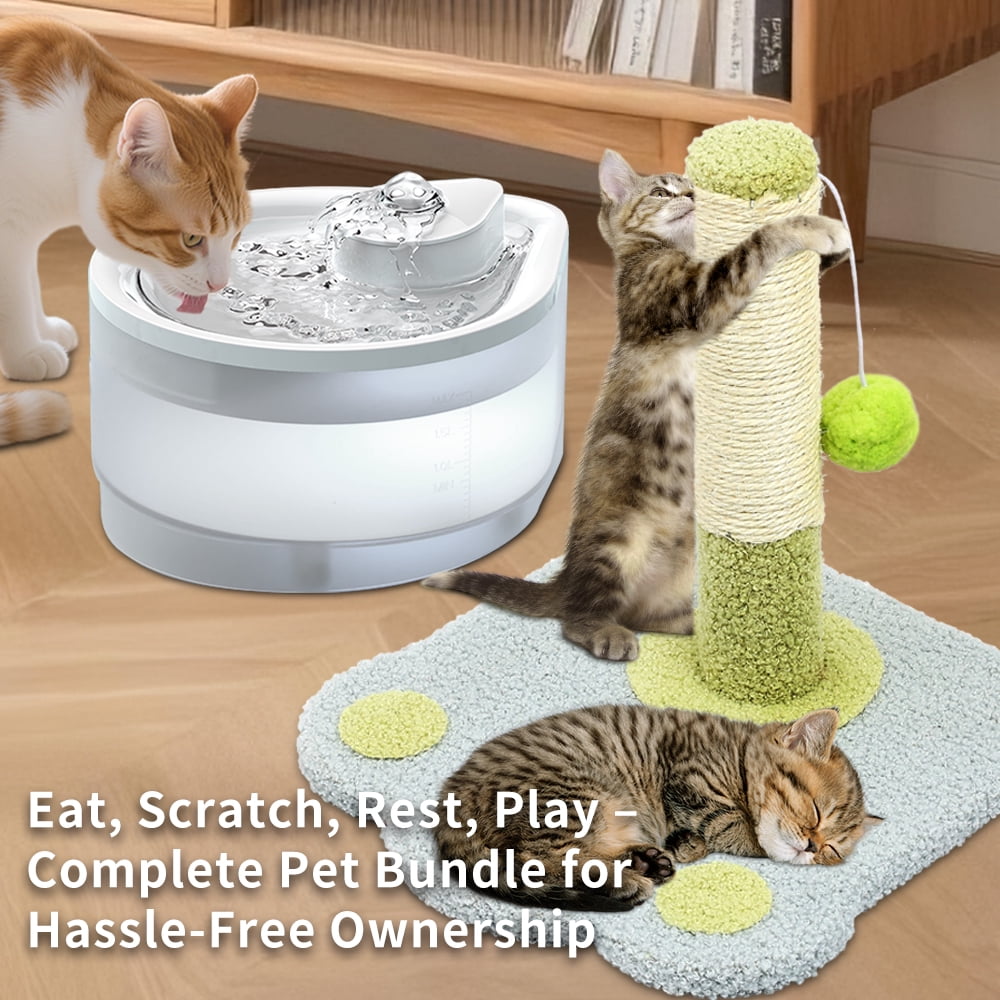 Circulating Cat Water Fountain + Scratching Tower, Ultra Quiet Drinking Dispenser with Ripple Basin, Designed to Increase Hydration for Cats & Small Animals (2500ML)