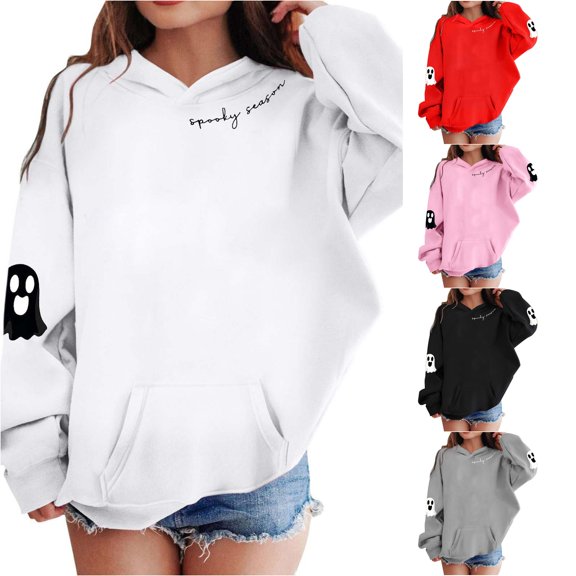 Zylarhe Halloween Sweatshirts for Kids Girls Hoodies Letter Print Pullover Long Sleeve Casual Outfit Soft Everyday White 6-7 Years