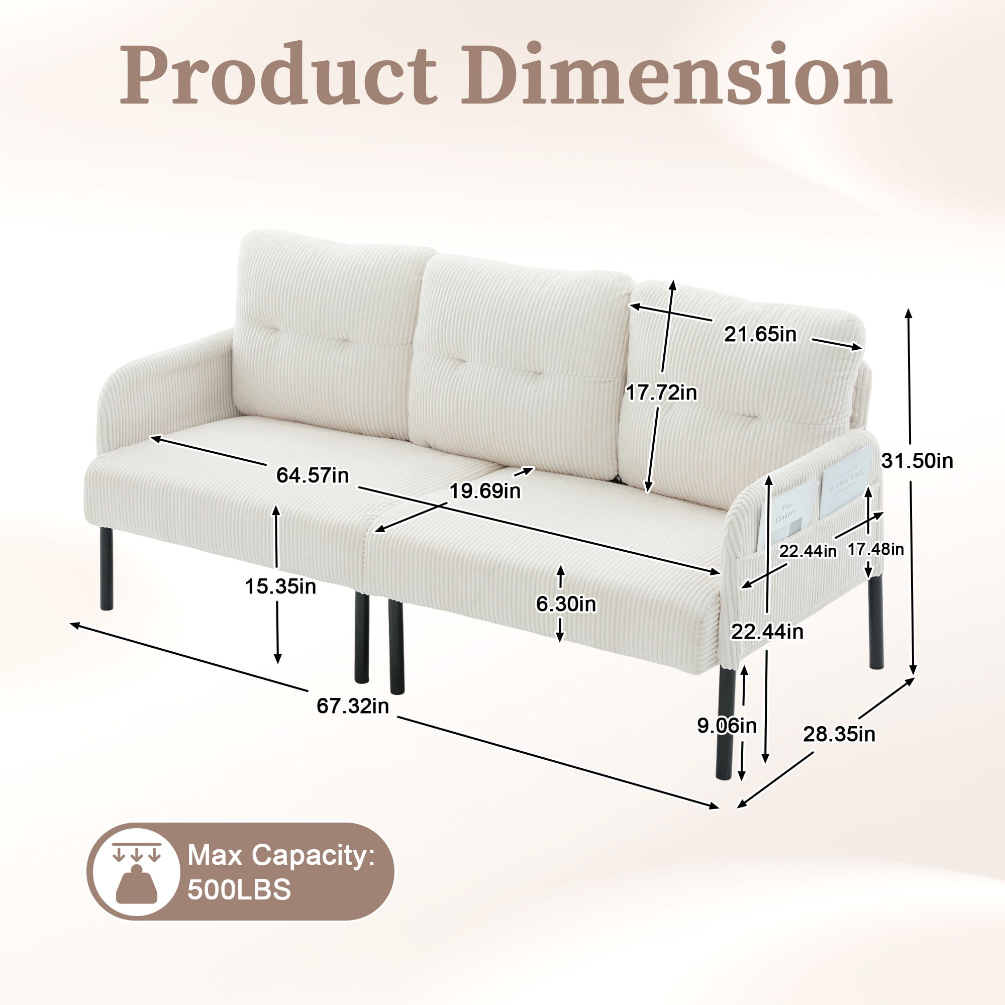 S-HOME Modern Plush Corduroy Upholstered Loveseat with Dual Side Pockets and Metal Legs, Sofa for Apartment, Beige