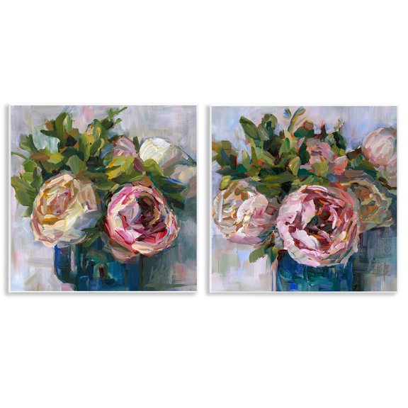 Stupell Industries Impasto Cabbage Roses in Vases Plants & Flowers Painting Unframed Art Print Wall Art, 12 x 12, Set of 2