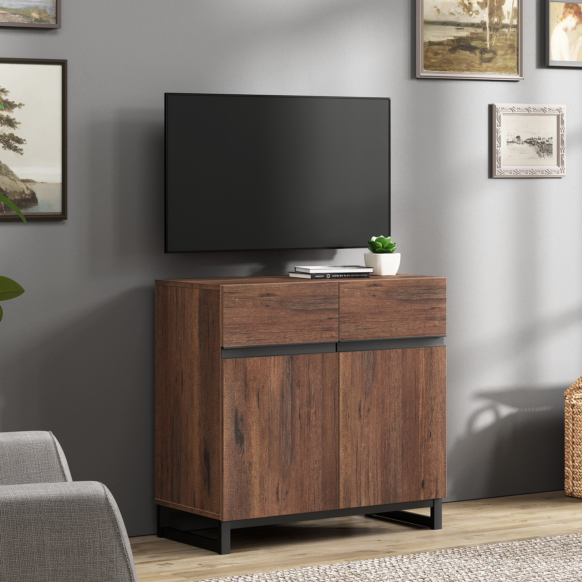 WAMPAT Modern TV Stand for TVs up to 100 inch, 3 in 1 TV Console with Adjustable Shelves and 3 Drawers, Media Console for Living Room, Bedroom, Brown