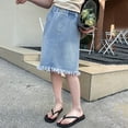 thumbnail image 6 of Girls Denim Midi Skirt Casual Elastic High Waist Knee Length Jean Skirt with Pockets Distressed Hem A Line Skirts ，Suitable for School and Daily Wear(Blue/150), 6 of 9