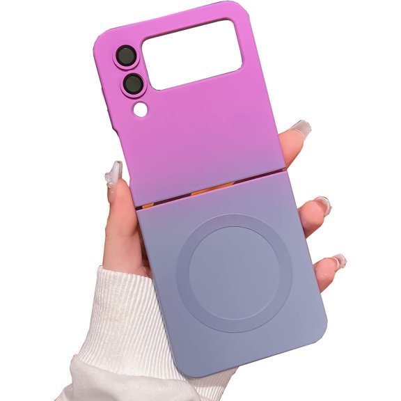 Magnetic Case for Samsung Galaxy Z Flip 4 Case [Compatible with MagSafe] Camera Protector & Luxury Gradient Ultra Slim Soft Silicone Shockproof Case for Women Men, Purple&Grey