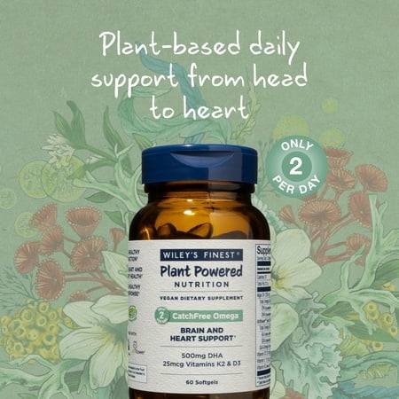 Wiley’s Finest CatchFree Omega - Vegan, Non-GMO Fish Oil Alternative - Full Spectrum Omega-3 Liquid Supplement with Organic Plant-Based Algae Oil - 60 Softgels (60 Servings)