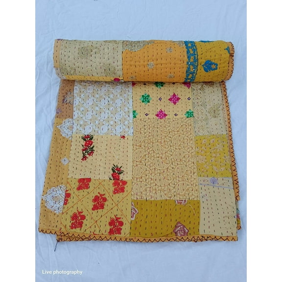 Patchwork Kantha Quilt Floral Handmade Kantha Quilt Unique Design Handmade Kantha Quilted Bedding Bedspread Handblock Print Throw