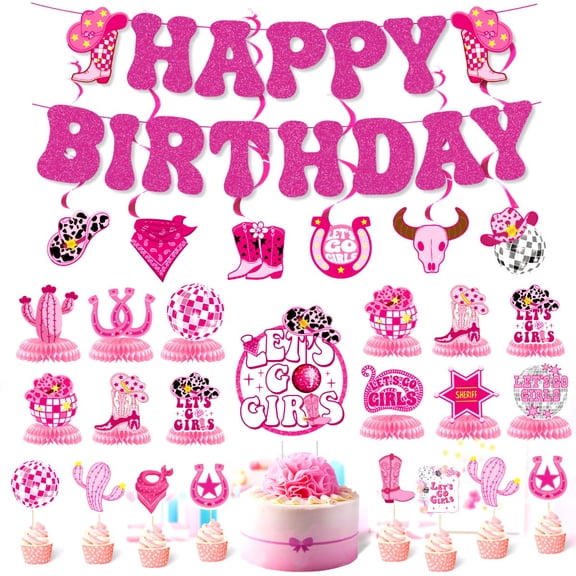 50Pcs of Cowgirl-Themed Party Decorations Featuring 16 Glittery Birthday Letters, 12 Foil Swirls, 13 Cake Decorations, And 9 Disco Honeycomb Centerpieces, Along with Party Banners And Supplies