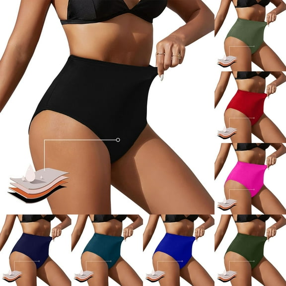 felwors Women's High-Waisted Tummy Control Bikini Bottom – Full Coverage Swim Bottoms for Plus Size (Blue, L)