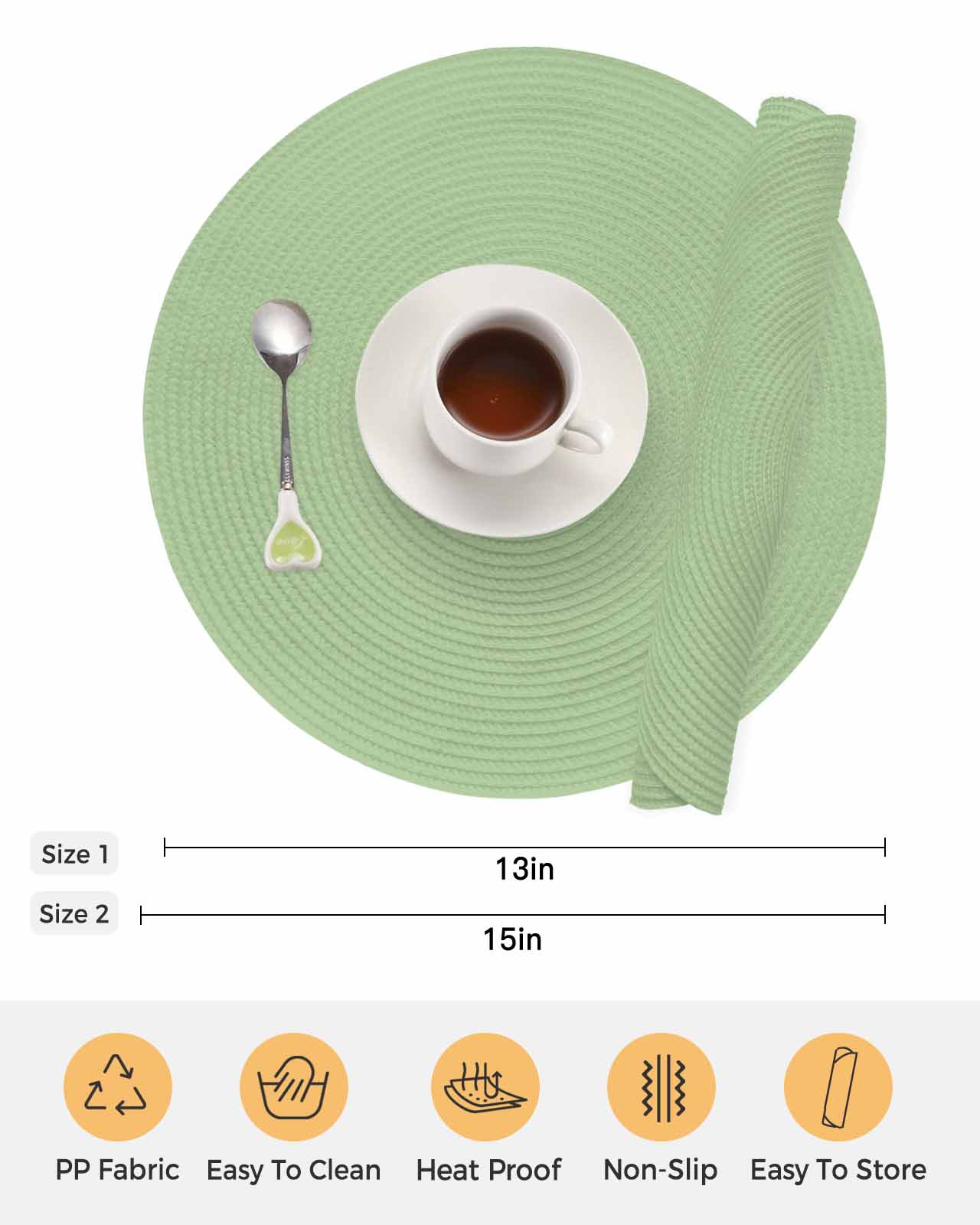Round Placemats Set of 4 Sage Green Place Mats Washable Woven Placemat Solid Green Color Circle Braided Table Mat for Kitchen Dining Table Party Home Decor 15 Inch
