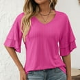 thumbnail image 2 of JGGSPWM Women's Summer Solid Color V-Neck Ruffle Sleeves Short Sleeved T-Shirt Top for Women Hot Pink S, 2 of 6