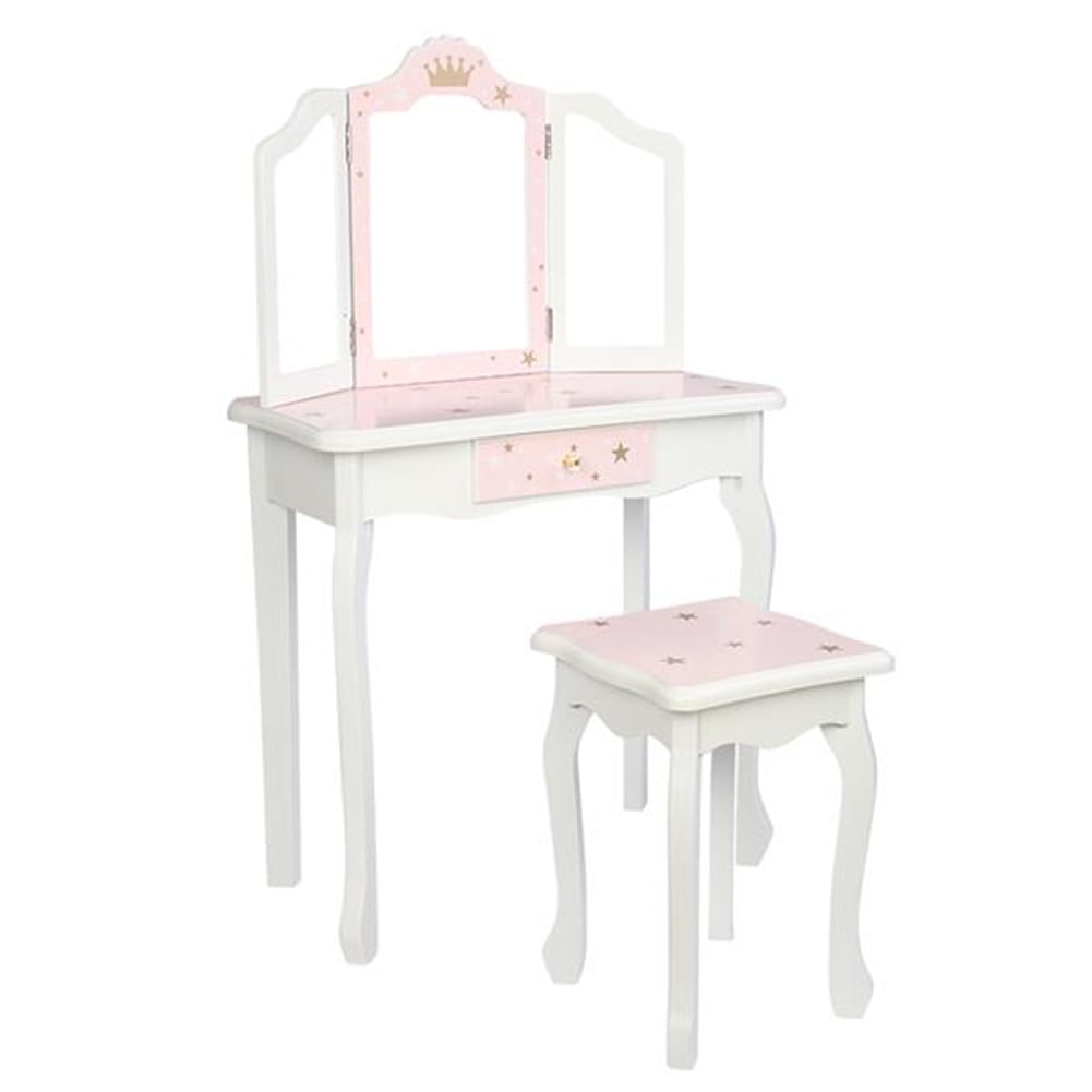 Mdf Wooden Children Dressing Table Set With Threesided Folding Mirror Single Drawer Chair