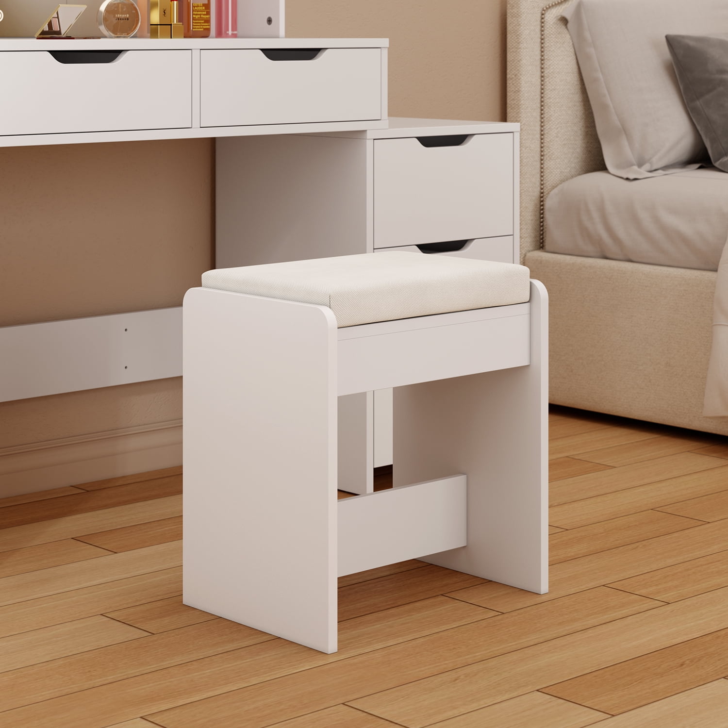 Aiho 43.5” Makeup Vanity Desk with Lighted Mirror, 5 Drawers & Adjustable Lights, White Dressing Table for Bedroom