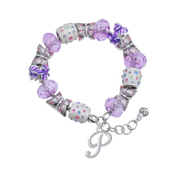 Delight Jewelry Silvertone Small Gelato Script Initial - P - Purple Butterfly Bead Charm Bracelet, 7" 1" Extender