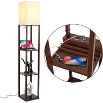 Brightech Maxwell Standing Tower Wood Floor Lamp with Shelves and USB Port - Havana Brown