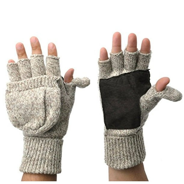PolarWear Mens Fingerless Suede Palm Ragg Wool Mitten Gloves w/ Finger & Thumb Pullover (M/L