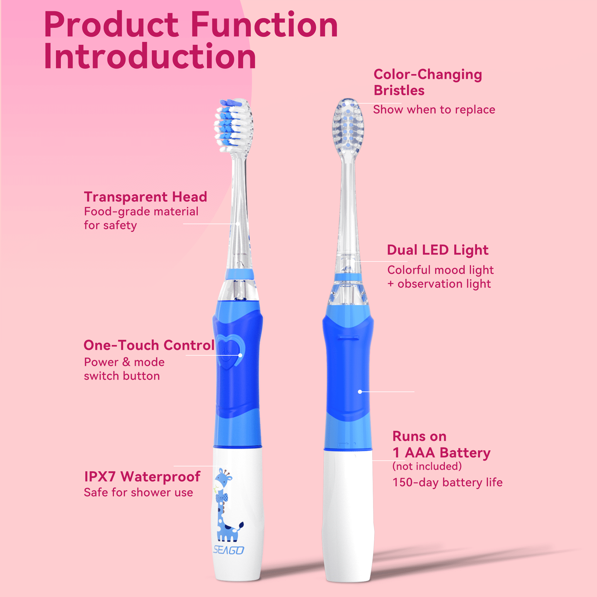 Seago Kids Electric Toothbrush, Rainbow LED Light,4 Brush Heads,for Kids 3+