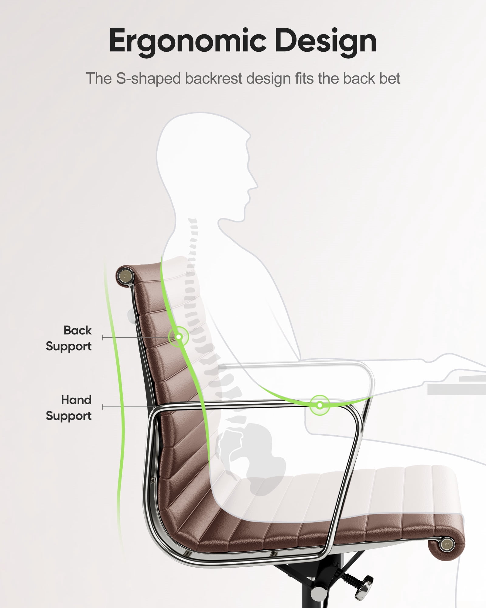 Mid-Back Ribbed Office Chair Adjustable Leather Computer Chair Ergonomic Lumbar Support,Swivel Desk Chair,Brown,1pc