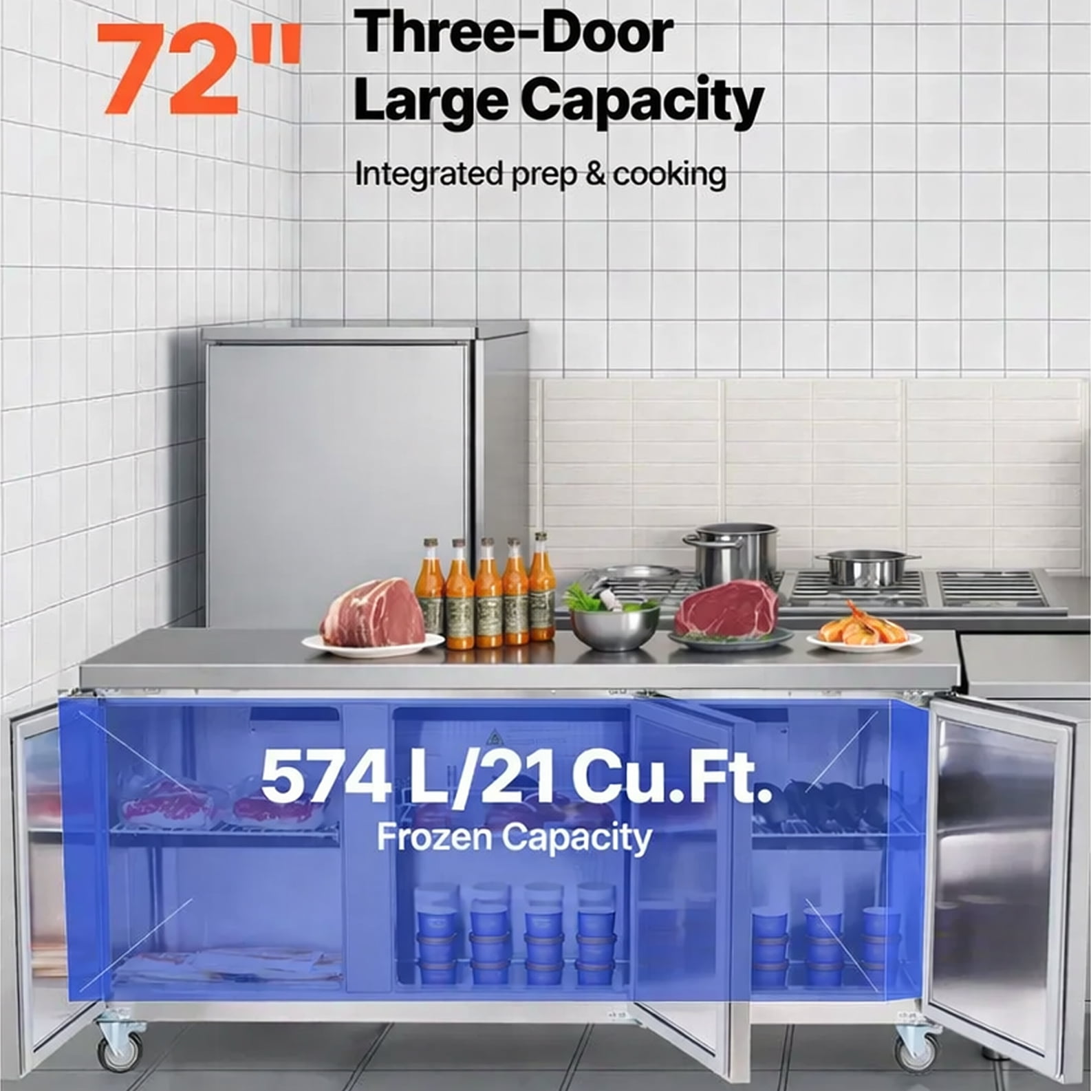 72" NSF Undercounter 3-Door Commercial Refrigerator – 21 Cu.Ft Stainless Steel Worktop Fridge with Auto Defrost & R290 Refrigerant