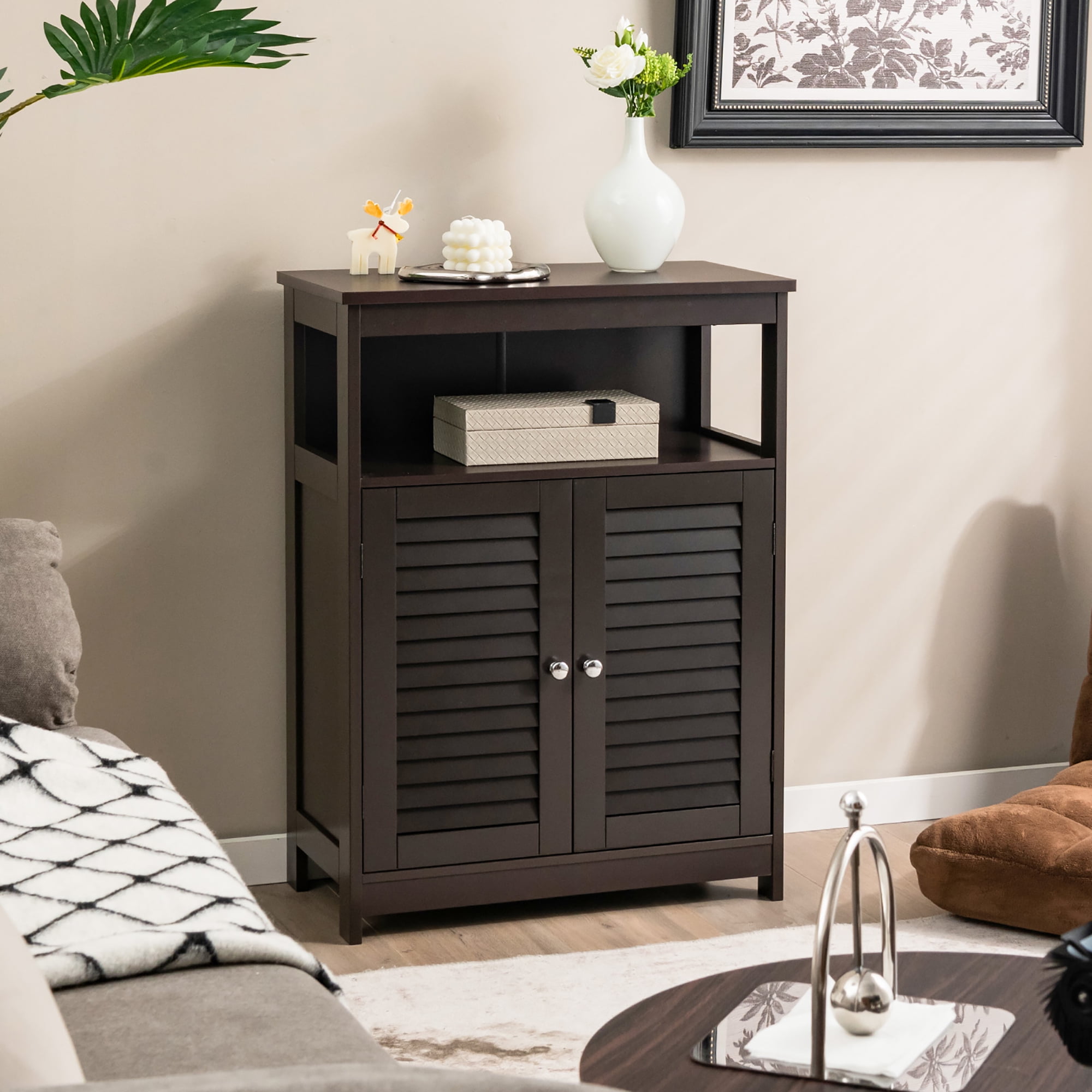 Costway Bathroom Storage Wood Floor Cabinet with Double Shutter Door Coffee