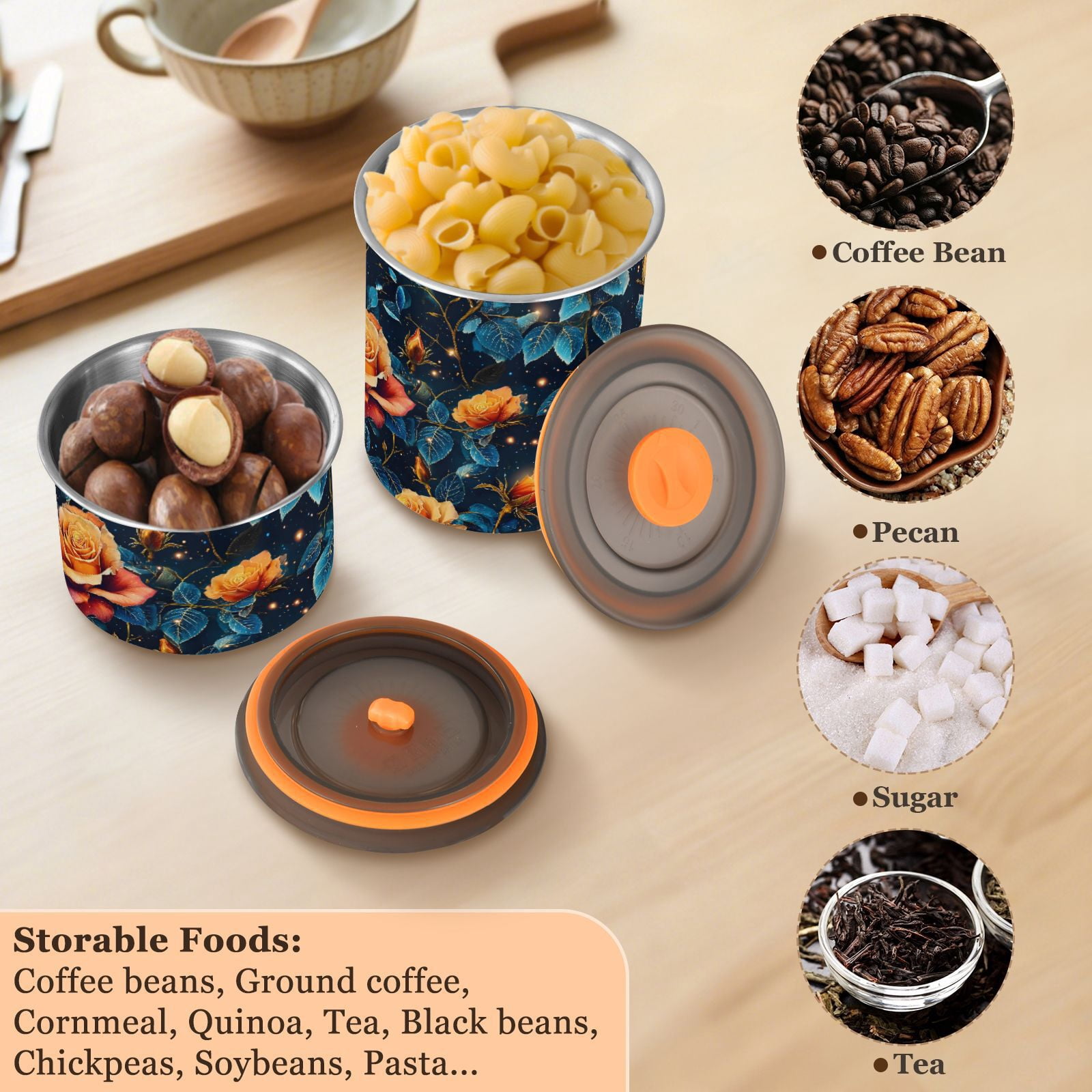 Dreamy Rose Flower Airtight Coffee Bean Canister 30oz Food Storage Containers with Lids For Gournd, Tea, Sugar, Flour, Rice, Cereal, Candy Cookie Jar