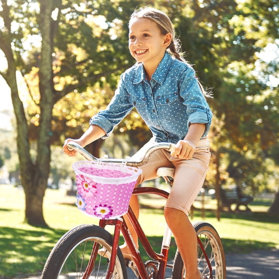 Sunflower Kids Woven Bike Basket with Floral Pattern, Front Handlebar Storage for Boys, Girls, Scooters and Accessories