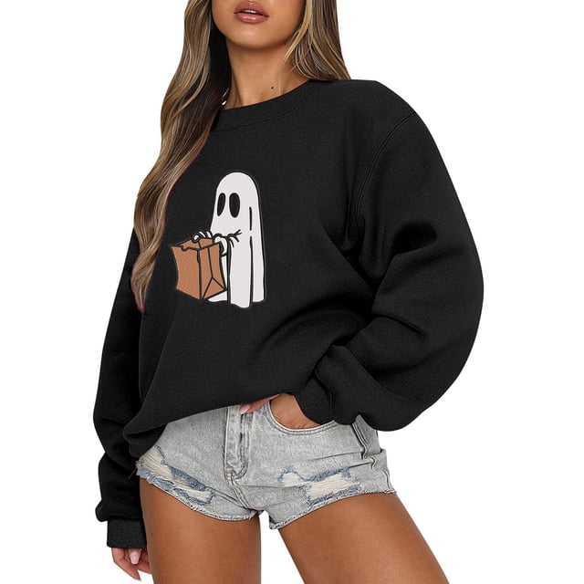 Meichang Chandails en Molleton d'Halloween pour Femmes Mode Automne Imprimé Fantôme Chandail Ample Confortable Col Rond Chandail en Molleton Orange Manches Longues Hauts Décontractés en Polaire