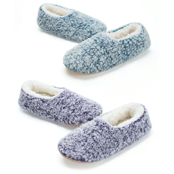 Cozylook 2-Pack Women's Low-Cut Slipper Socks, Grippy Soles, Sherpa Lined, Fuzzy House Shoes, Cozy Gifts for Her, Sizes 7-8 Fluffy Purple/Teal