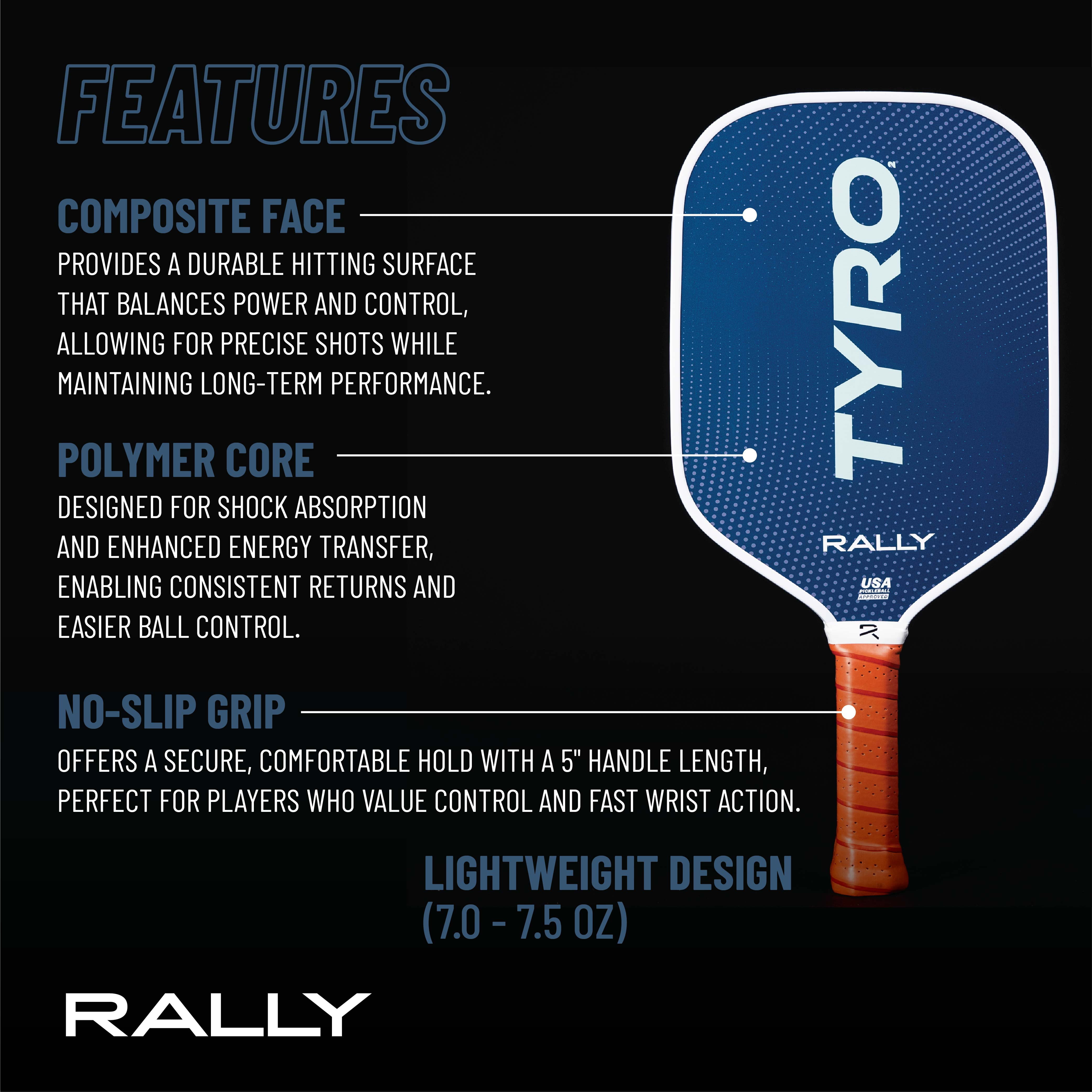 Rally Tyro 2 Pickleball Paddle – Lightweight 7.0-7.5 oz, Durable Polymer Core, Composite Face, 5" Handle for Extra Grip – Ideal for Beginners - Blue