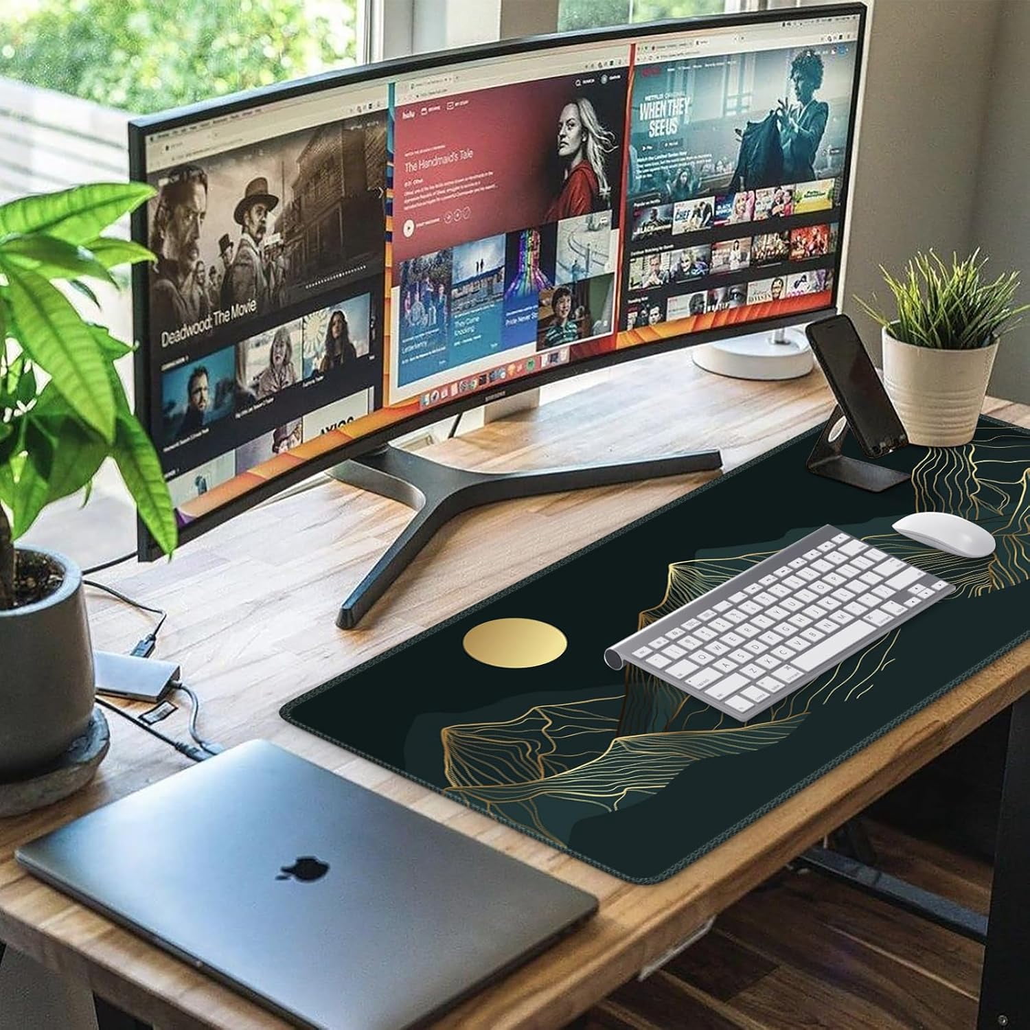 XXL Large Mouse Pad, Green Big Mousepad with Stitched Edges& Stable Rubber Base, Keyboard Mat Desk Pad for Work, Game, Office, Home (A-Mountain Cyan, Extended)