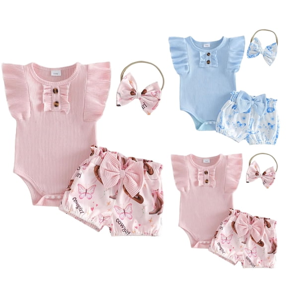 WUANDIXFA Western Baby Girl Clothes 3 6 9 12 18 Months Summer Outfits Flutter Sleeve Bodysuit Tops Cowgirl Shorts Set (Pink, 12-18 Months)