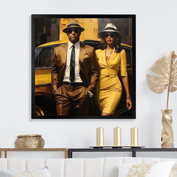 Designart "African American Couple in Harlem Renaissance (Black and Yellow) I" People Framed Wall Art Decor - Global Yellow Harlem Renaissance Living Room Framed Canvas Art