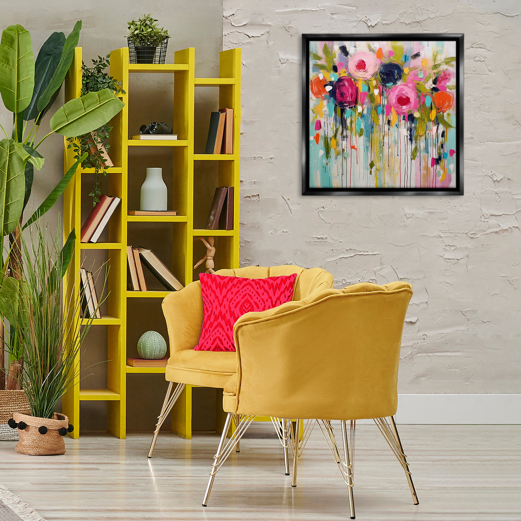 Stupell Industries Paint Drip Roses Plants & Flowers Painting Black Floater Framed Canvas Art Print Wall Art, 25 x 25