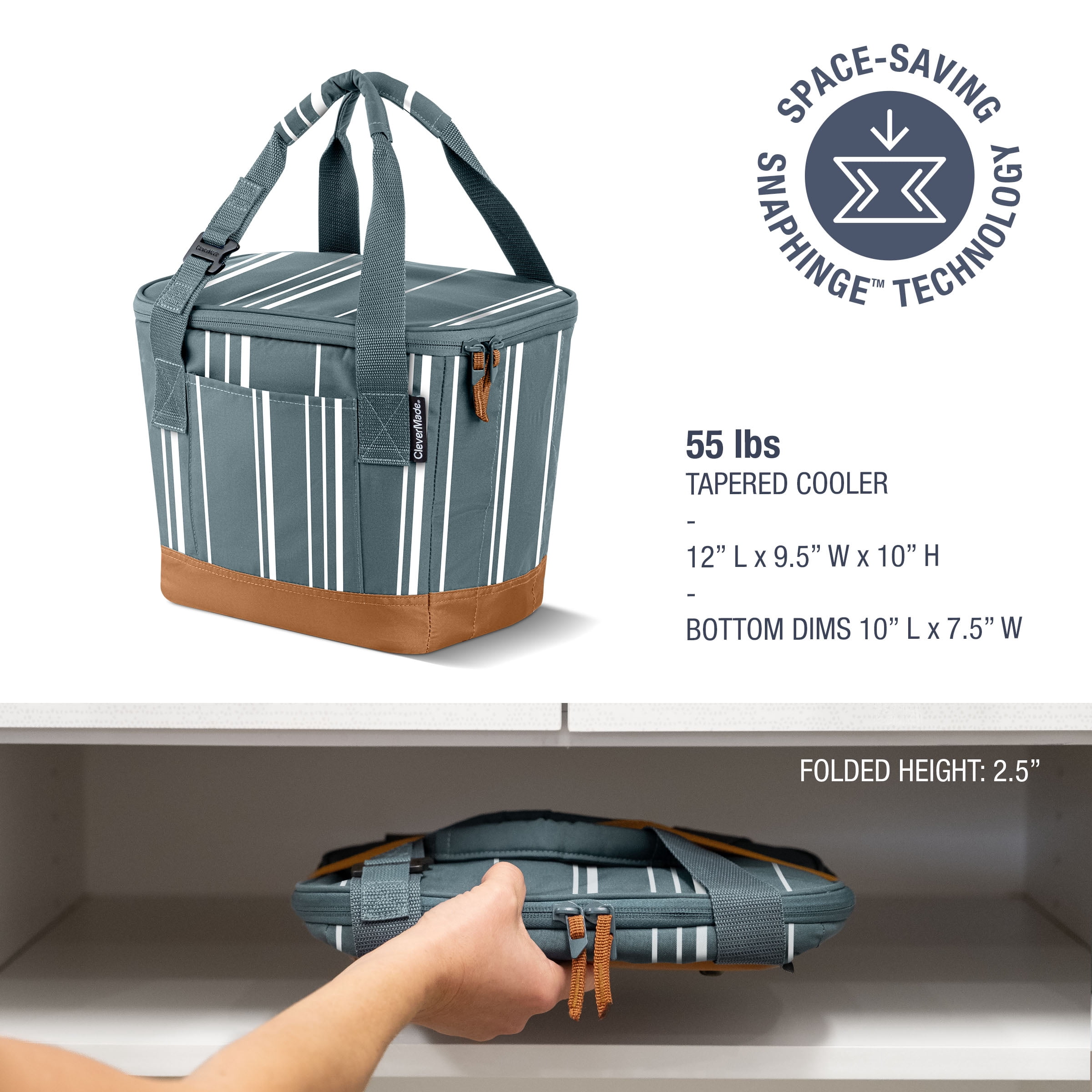 CleverMade Tahoe Collapsible Cooler Bag, 18 Can Capacity, Dusty Teal Striped