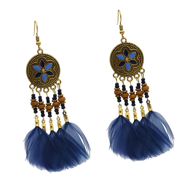 Pendientes bohemios con plumas vintage para mujer, color azul Hugo Pendientes colgantes bohemios