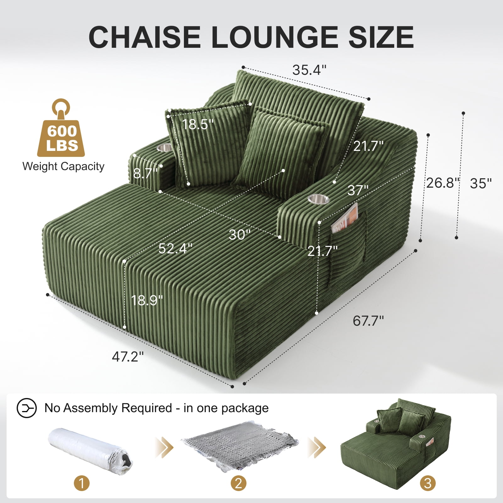 47" Wide Oversized Single Chaise Lounge Chair, 67'' Sleeper Sofa Bed with Cup Holders & 3 Pillows
