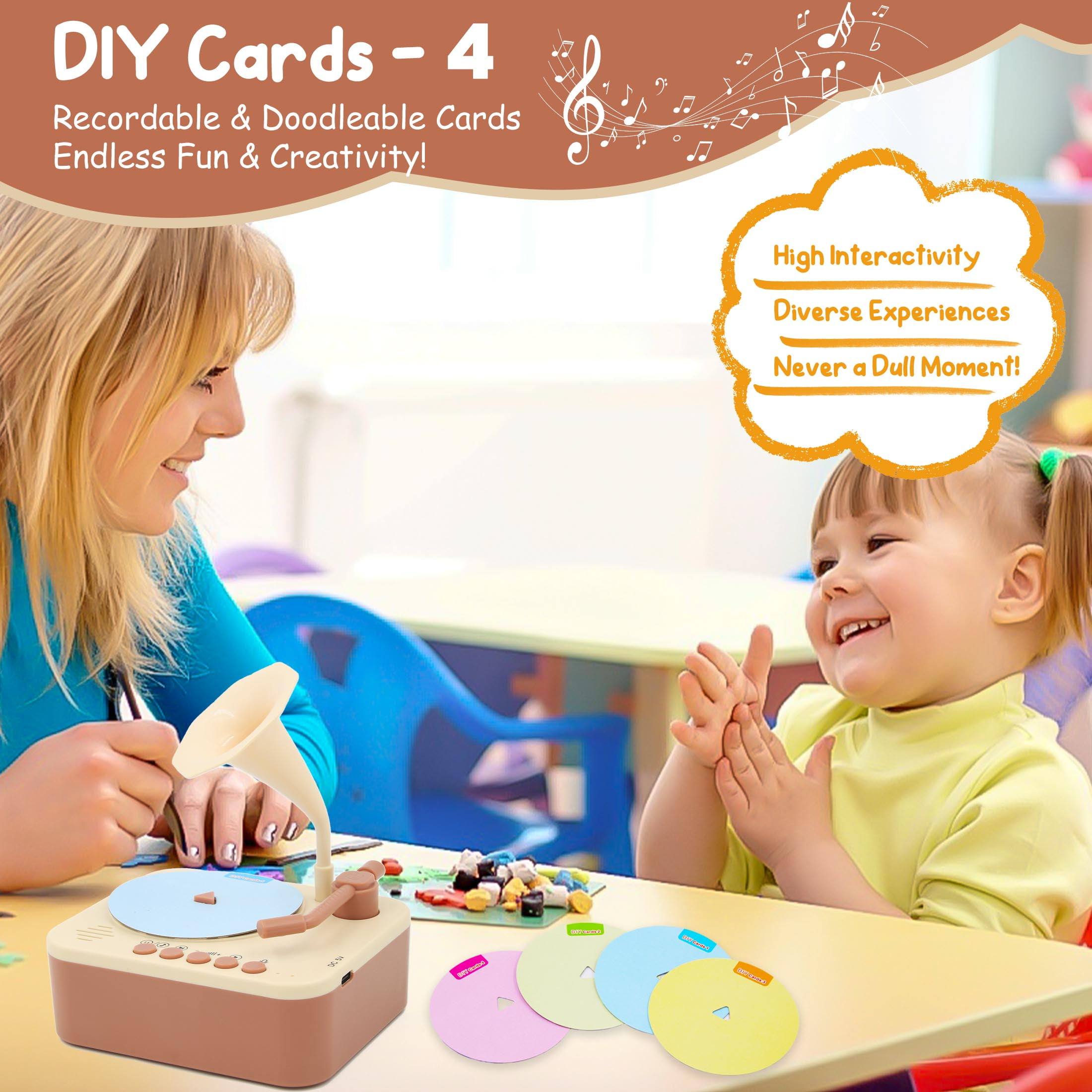 Kids Phonograph with 96 Cards, Kids Record Player with Story and Music Records , Toddler Music Player, Educational Phonograph for Boys and Girls Age 3+, Toddler Toys for Early Learning (Brown)