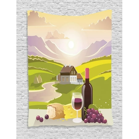 Winery Tapestry, Wine Cheese Bread with Mountain Landscape in French Rurals Pastoral Scenery, Wall Hanging for Bedroom Living Room Dorm Decor, Green Purple Cream, by