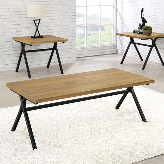 3-Piece Occasional Set | Enhances Living Space with Style and Function | Golden Oak Melamine & Gunmetal Trestle Base | Solves Decor Harmony in Minimalist Spaces