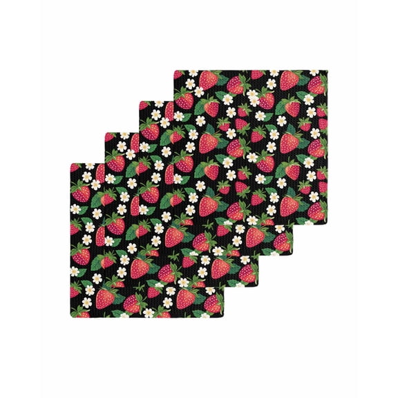 Strawberry Rustic Kitchen Dish Towels for Drying Dishes Set of 4, Black Spring Summer Floral Fruit Waffle Weave Microfiber Terry Hand Tea Bathroom Towels Quick Dry & Absorbent Towel 12x12