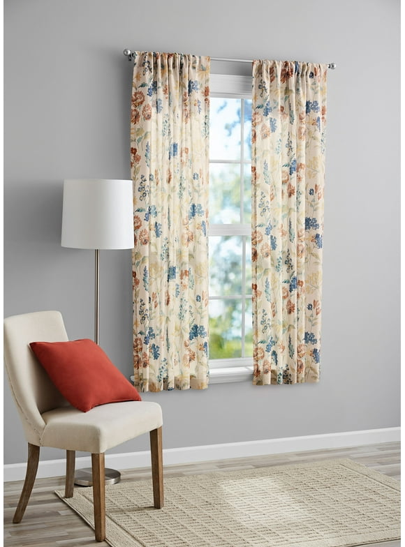 Mainstays Tille Floral Spring Print Light Filtering Rod Pocket Curtain Panel Pair, Set of 2, Beige, 37 x 63