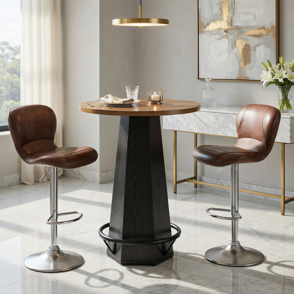 Hommoo 31.5 Inch Round Bar Table with Hexagonal Base & Metal Footrest, Industrial-Style Bistro Pub Cocktail Table for Home Bar, Cafe, or Kitchen Island, Black
